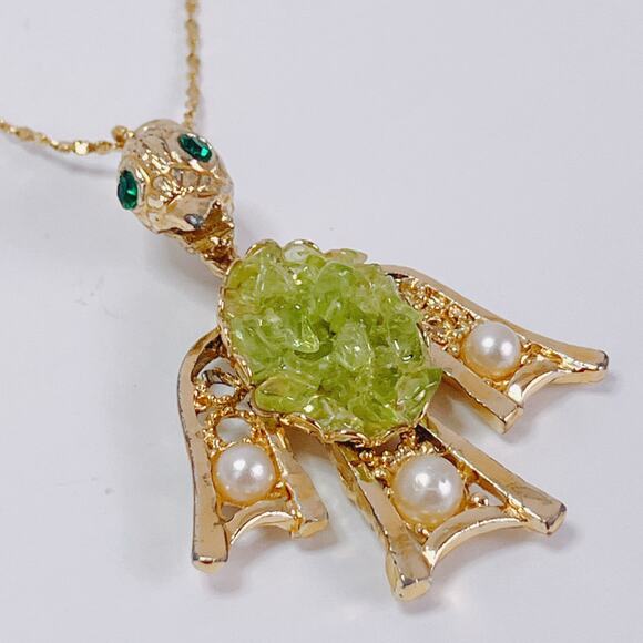 VTG Mid Century Bird Pendant Necklace Green Quartz Gold Tone Figural Animal - Picture 5 of 12